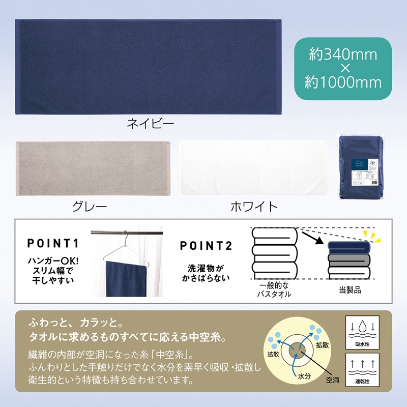 【欠品】中空糸を使ったふんわり吸水速乾スリムバスタオル【色指定可】