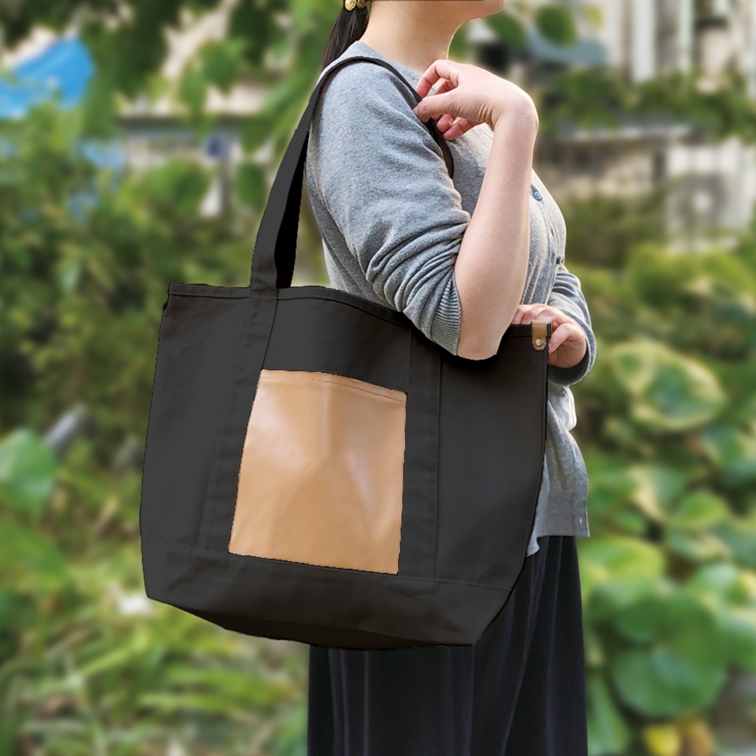 厚手キャンバス レザーポケットトート ブラック